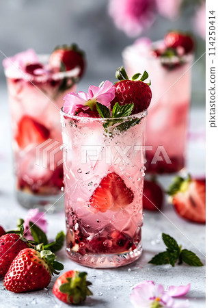 Elegant berry infused cocktails with strawberries and flowers 114250414