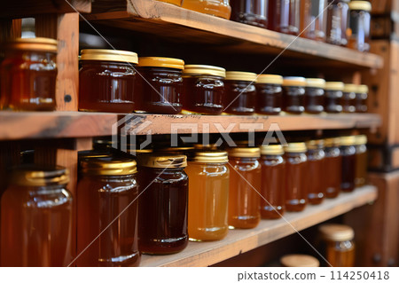 Multiple honey jars lined up neatly on rustic wooden shelves 114250418
