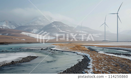 A mountain range with a river running through it A mountain range with a river running through it 114250860