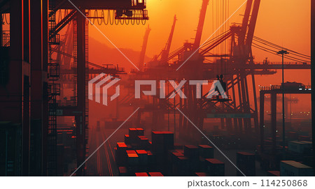 A large industrial area with many cranes and containers 114250868