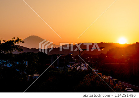 Mount Fuji dyed in the sunset as seen from the Tomei Expressway 114251486