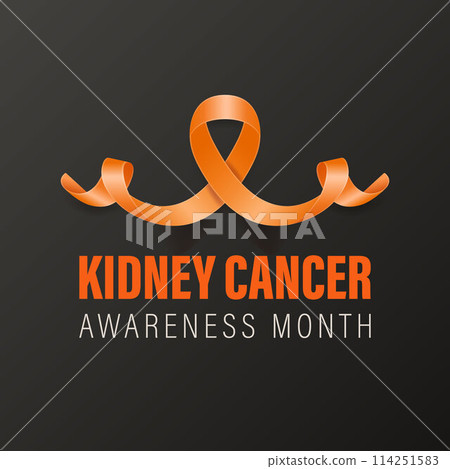Kidney Cancer Banner, Card, Placard with Vector 3d Realistic Orange Ribbon on Black Background. Kidney Cancer Awareness Month Symbol Closeup. World Kidney Cancer Day Concept 114251583