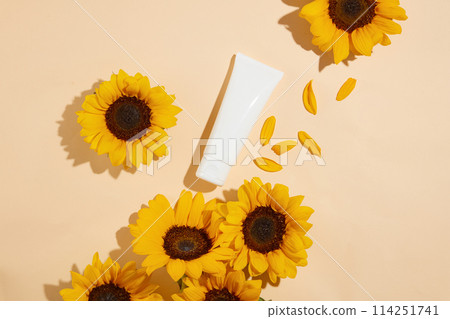 Blank label tube in white color flat lay on light pink background, decorated by scattered sunflowers and petals. High angle shot photo with vacant space for adding design elements or text Blank label tube in white color flat lay on light pink background, decorated by scattered sunflowers and petals. High angle shot photo with vacant space for adding design elements or text 114251741