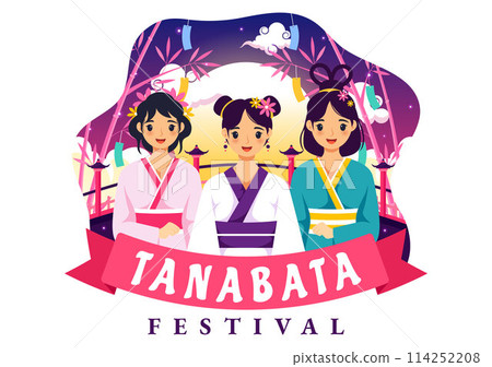 Tanabata Japan Festival Vector Illustration with People Wearing Kimono and Peonies Flowers in National Holiday Flat Cute Cartoon Background 114252208