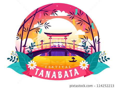 Tanabata Japan Festival Vector Illustration with People Wearing Kimono and Peonies Flowers in National Holiday Flat Cute Cartoon Background 114252213