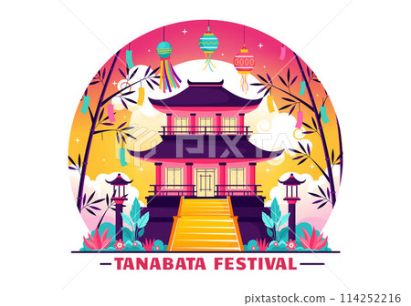 Tanabata Japan Festival Vector Illustration with People Wearing Kimono and Peonies Flowers in National Holiday Flat Cute Cartoon Background 114252216