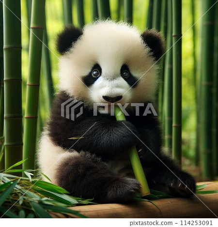 Baby panda eating bamboo shoots 114253091