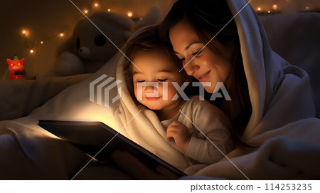 A mother and her child are reading a book together in bed A mother and her child are reading a book together in bed 114253235
