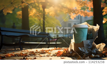 A coffee cup and newspaper sit on the ground in an autumn park 114253238