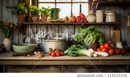 An inviting rustic kitchen scene with fresh vegetables and cooki 114253259