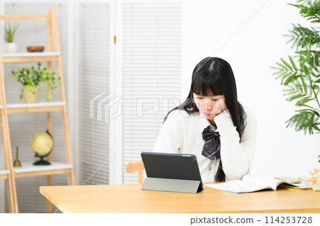High school girl studying, worried 114253728