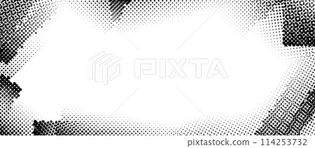 Halftone grunge frame. Retro dotted border overlay template for poster, design cover, banner, booklet, brochure, magazine. Vintage scratched background. Textured pop art comic brush wallpaper. Vector Halftone grunge frame. Retro dotted border overlay template for poster, design cover, banner, booklet, brochure, magazine. Vintage scratched background. Textured pop art comic brush wallpaper. Vector 114253732