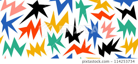 Colorful irregular spark and twinkle seamless pattern. Yellow, red, blue and green sharp shapes repeating background. Bright sharp edgy ornament wallpaper. Vector bright nursery repeated backdrop Colorful irregular spark and twinkle seamless pattern. Yellow, red, blue and green sharp shapes repeating background. Bright sharp edgy ornament wallpaper. Vector bright nursery repeated backdrop 114253734