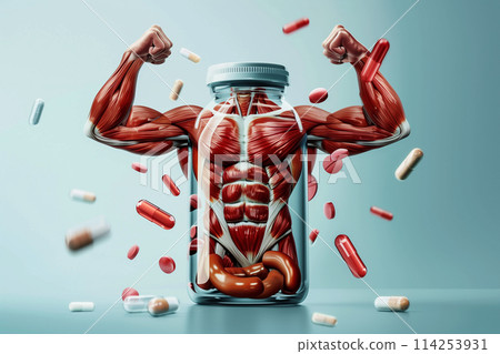 Medicines in the form of a jar with a muscular male body. Medicines in the form of a jar with a muscular male body. 114253931