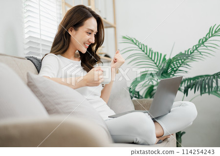 Smiling woman with a cup of coffee celebrates a moment of success while using her laptop at home. Smiling woman with a cup of coffee celebrates a moment of success while using her laptop at home. 114254243
