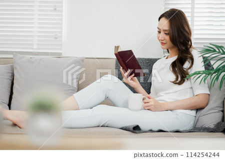 Calm woman enjoying a good book and a cup of coffee on a comfortable sofa in a bright living room. Calm woman enjoying a good book and a cup of coffee on a comfortable sofa in a bright living room. 114254244