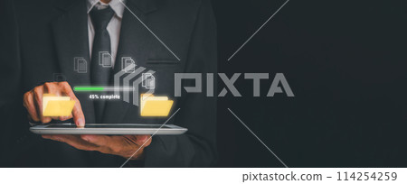 Transfer file concept, Businessman using digital tablet with transfer file icon on virtual screen. 114254259