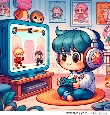 Boy with earphones playing a fighting game 114254367