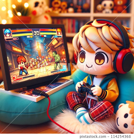Cute boy playing fighting games 114254368
