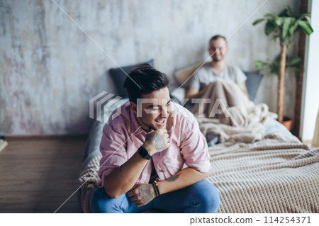 Gay couple at home, intimate moments of private life - Homosexual partners Gay couple at home, intimate moments of private life - Homosexual partners 114254371