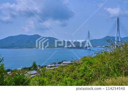 View of the Tatara Bridge and Imabari City, Ehime Prefecture from near Setoda PA on the Shimanami Kaido in Onomichi City, Hiroshima Prefecture 114254548