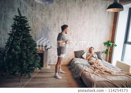 Two attractive gay men spending time together in bedroom with christmas tree. 114254573