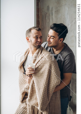 two handsome homosexual guys while standing near window two handsome homosexual guys while standing near window 114254631