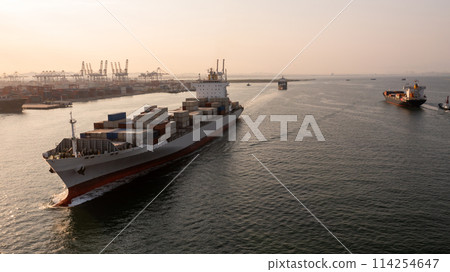 Aerial view container cargo ship maritime carrying container, Global business import export logistic freight shipping transportation international by container cargo ship, Container fright shipping. 114254647