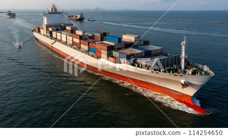 Aerial view container cargo ship maritime carrying container, Global business import export logistic freight shipping transportation international by container cargo ship, Container fright shipping. 114254650