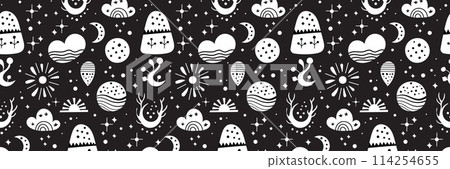 Seamless neo folk art vector pattern with mountains, moon and flowers, black and white floral design. Neo folk style endless background perfect for textile design. 114254655