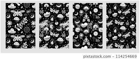 Seamless neo folk pattern with butterfly, moth and flowers, black and white floral design. Set Neo folk style endless backgrounds perfect for textile design. 114254669