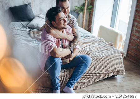 Gay couple at home, intimate moments of private life - Homosexual partners Gay couple at home, intimate moments of private life - Homosexual partners 114254682