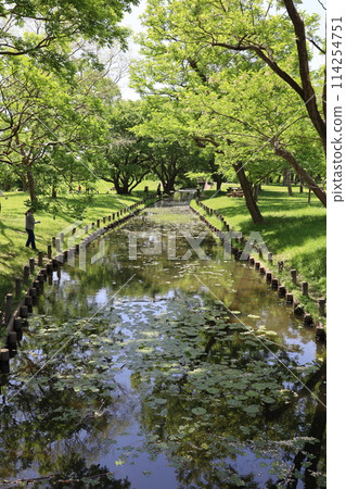 A park surrounded by greenery and a stream A park surrounded by greenery and a stream 114254751