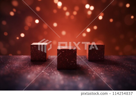 帶有圓形散景燈和三個方形展覽的模板位於深色朱紅色背景上。 AI生成影像 114254837