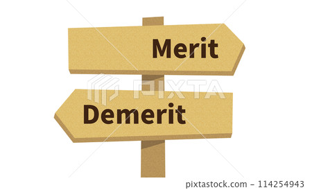 Illustration of a two-way cork signpost with the words Merit and Demerit Illustration of a two-way cork signpost with the words Merit and Demerit 114254943