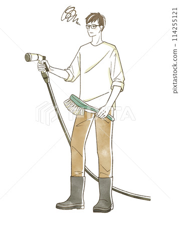 A man holding a water hose with a troubled expression 114255121