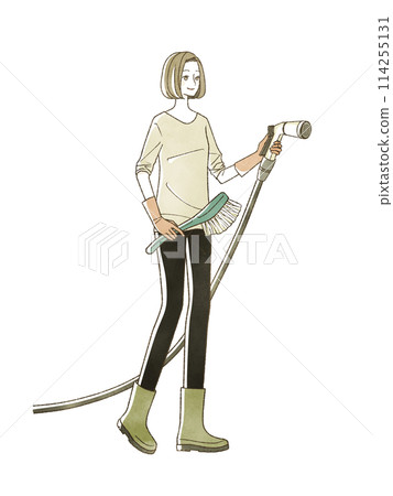 A woman holding a watering hose A woman holding a watering hose 114255131