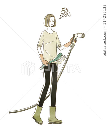A woman holding a water hose with a troubled expression A woman holding a water hose with a troubled expression 114255132