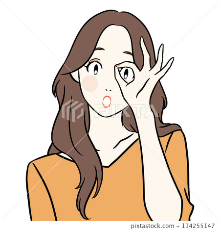 A woman with a surprised expression peers out from a circle made by her hands 114255147