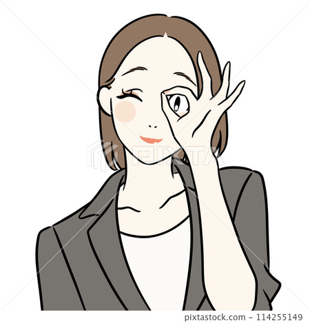 A woman in a suit peeking out from a circle made by her hands 114255149