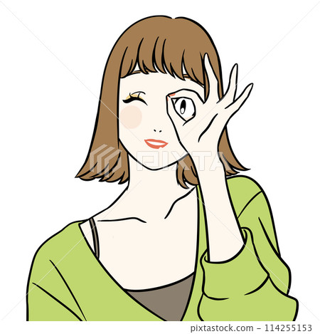 Smiling woman peeking out from a circle made of hands 114255153