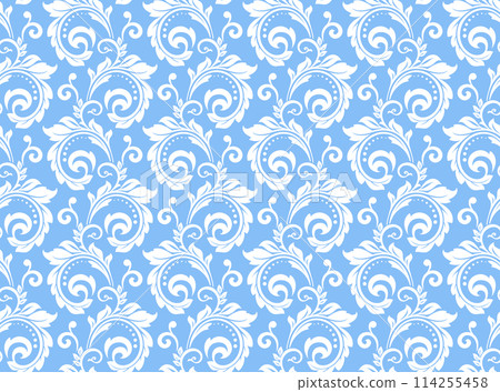 Floral pattern. Vintage wallpaper in the Baroque style. Seamless vector background. White and blue ornament for fabric, wallpaper, packaging. Ornate Damask flower ornament Floral pattern. Vintage wallpaper in the Baroque style. Seamless vector background. White and blue ornament for fabric, wallpaper, packaging. Ornate Damask flower ornament 114255458