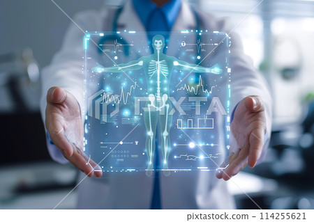 A doctor carefully examines a virtual x-ray projection with focused attention. The integration of advanced technology in medical diagnostics. Generative AI. 114255621