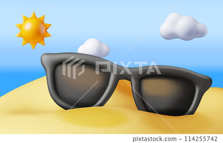3d beach with sunglasses in sand over sea 114255742
