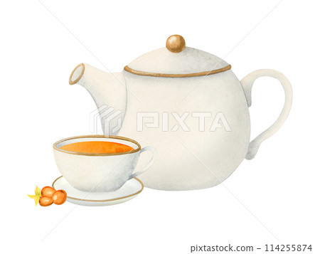 Sea buckthorn herbal tea in white ceramic teapot and cup watercolor isolated illustration with orange berries for tea packages, elegant party invitations, cafe menus and recipes with natural drinks Sea buckthorn herbal tea in white ceramic teapot and cup watercolor isolated illustration with orange berries for tea packages, elegant party invitations, cafe menus and recipes with natural drinks 114255874