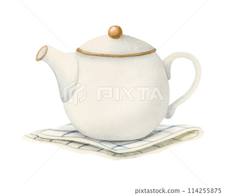 White ceramic teapot on striped table napkin or towel watercolor isolated illustration for cafe menu, herbal tea packages and elegant party invitations White ceramic teapot on striped table napkin or towel watercolor isolated illustration for cafe menu, herbal tea packages and elegant party invitations 114255875