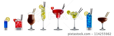 Set of cocktails with decoration from fruits isolated on white background Set of cocktails with decoration from fruits isolated on white background 114255982