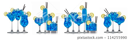 Set of cocktails with decoration from fruits isolated on white background 114255990