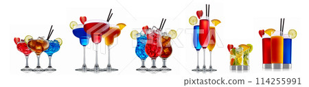 Set of cocktails with decoration from fruits isolated on white background Set of cocktails with decoration from fruits isolated on white background 114255991