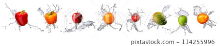 Group of fruits with water splash isolated on white background 114255996